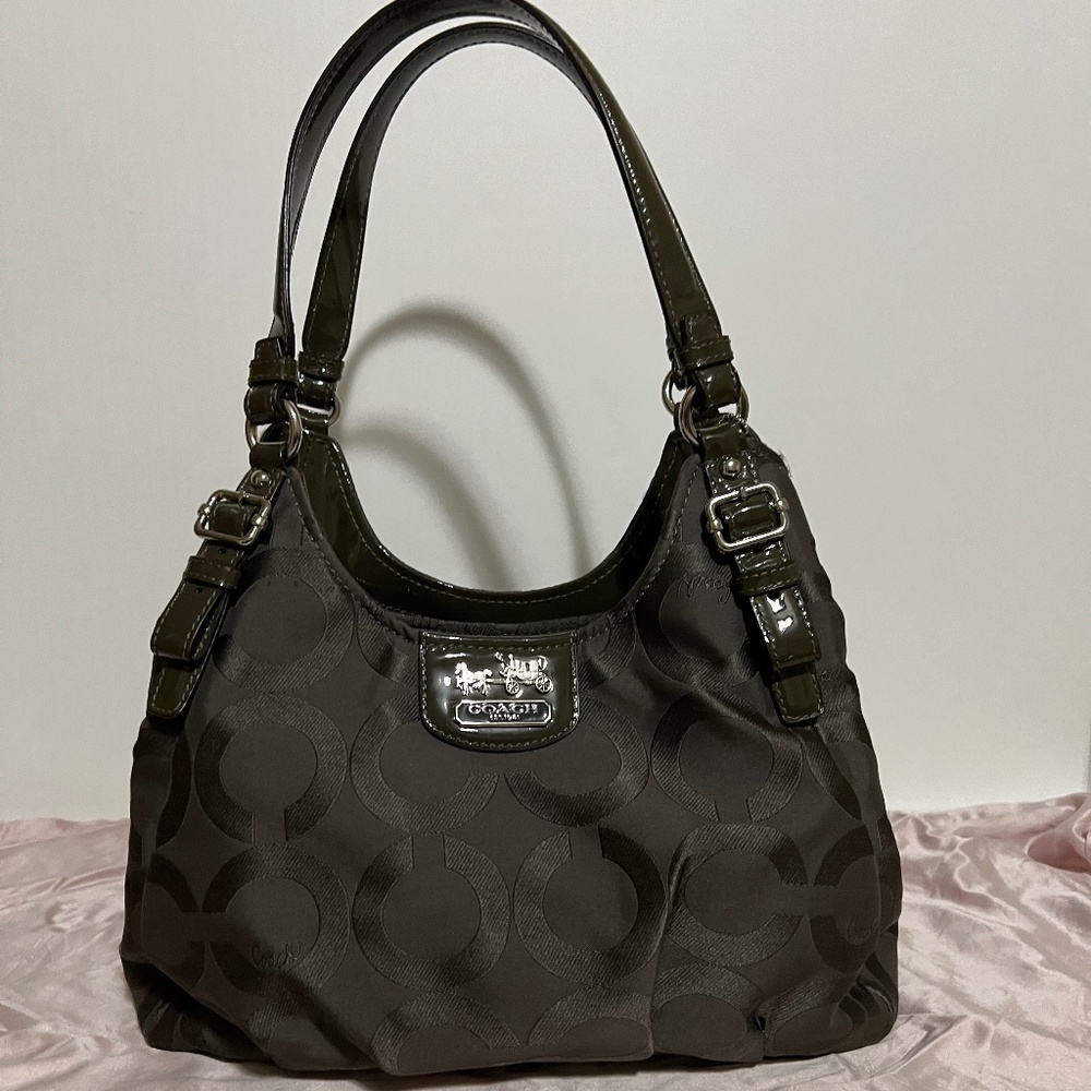 Coach F0973 14324 Gray Canvas Hobo Bag, Large Purse Shoulder Logo Purple liner